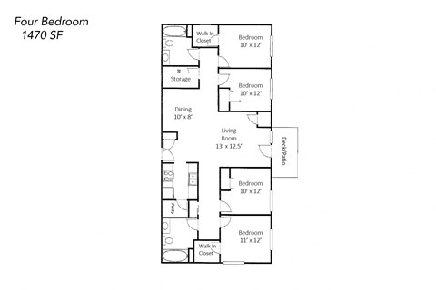 Floor plan for 4 beds, 2 baths, 1470 sqft